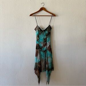 Y2K Turquoise Brown Tie Dye Asymmetrical Slip Dress Spaghetti Straps Fairycore